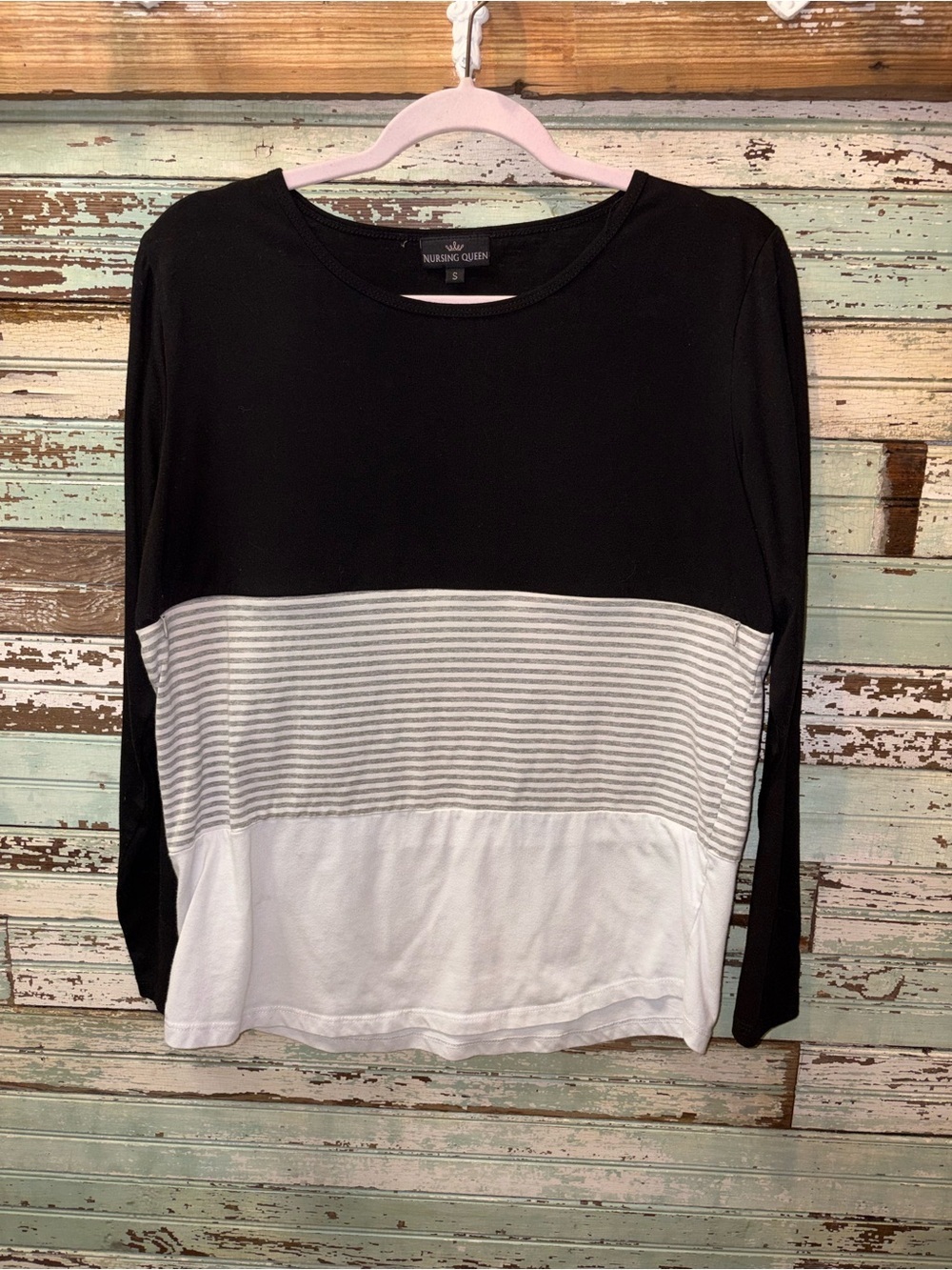 Nursing Queen Black White Striped Long Sleeve Colorblock Top